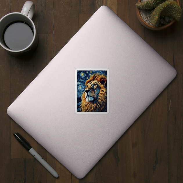 Lion Animal Portrait Painting in a Van Gogh Starry Night Art Style by Art-Jiyuu